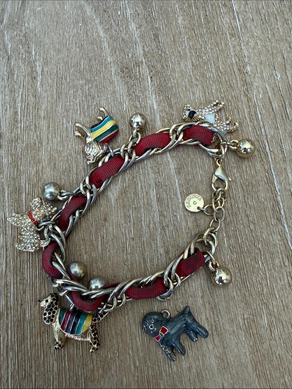 Talbots Red Ribbon Chain Charm Bracelet with Multicolored Animal Charms